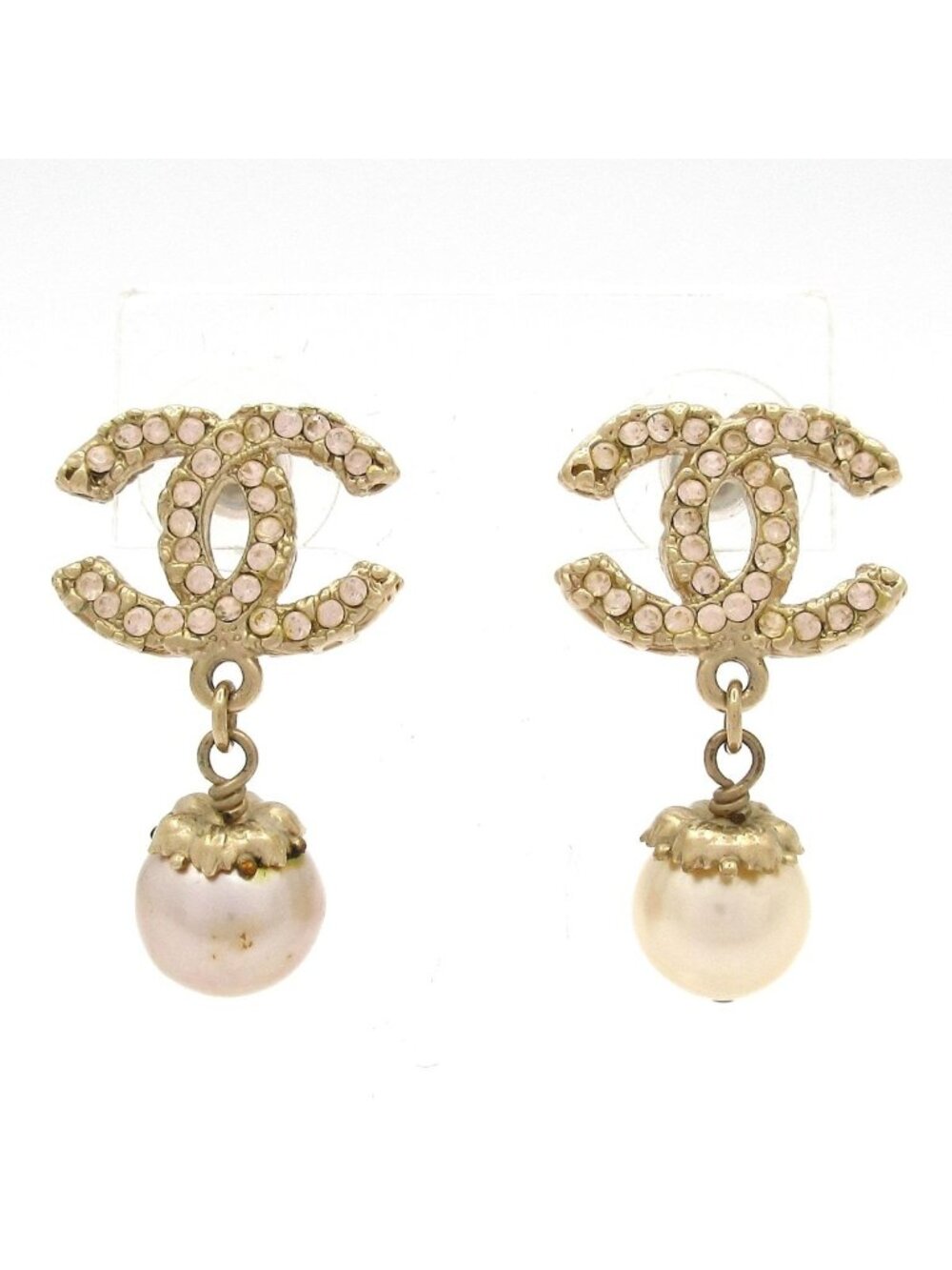 Chanel Earrings CC Logo Gold Light Pink Rhinestone Faux Pearl